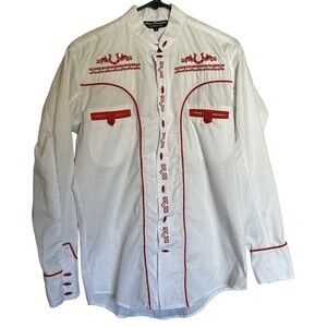 White Diamonds Men's Charro Shirt Western Wear White Red Embroider Small Toggles